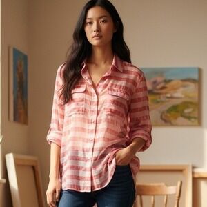 Calvin Klein Womens Sheer Coral Pink Striped Button-Down Blouse S